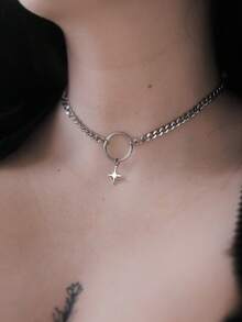 不锈钢 O 型环星形项链，精致的天体另类珠宝，哥特朋克项链，万圣节美学项圈 - 銀色 - 查看 7