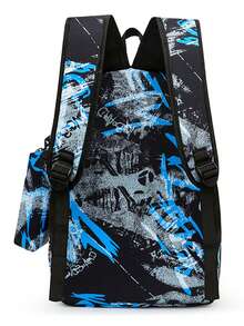 男士新款涂鸦运动休闲旅行组合背包、斜挎包、小包 - 彩色 - 查看 3