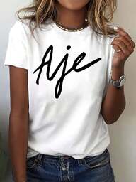 Ajie Women's Casual Short Sleeve Round Neck T-Shirt - Handwritten Pattern Print, White With Black Text, Breathable And Machine Washable, Spring And Summer Essential, Soft Fabric Top