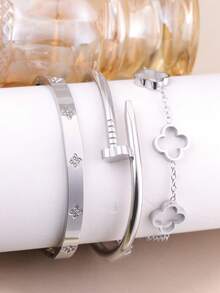 3 件/1 件时尚奢华四叶草锆石镶嵌不锈钢手镯，适合日常佩戴 - 銀色 - 查看 12