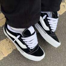 KNU Skool Men's Casual Sneakers, Flat Sole Skater - Thick Laces, Men's Everyday Sneakers - 黑色克努 - 查看 4