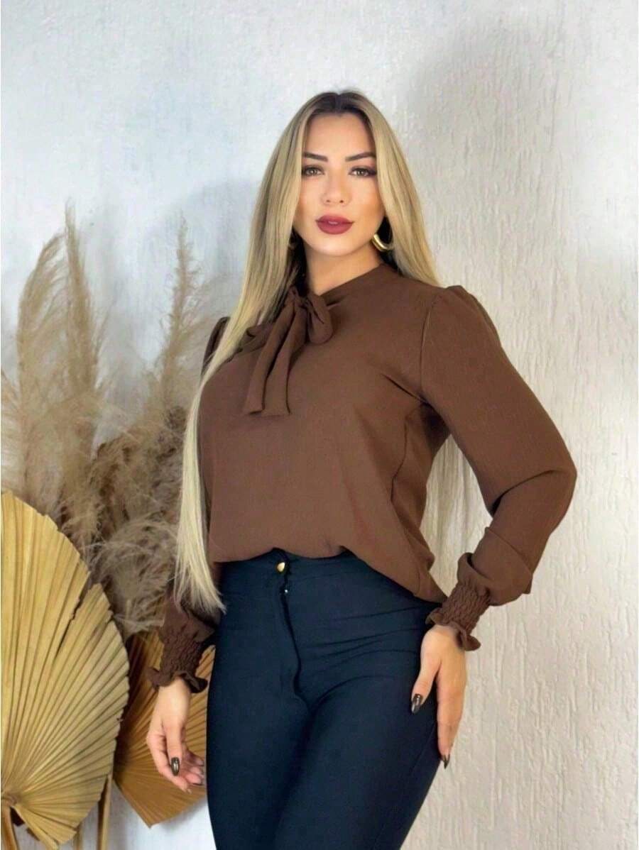 Women's Long Sleeve Formal Blouse With Bow Collar, Duna Lisa Fabric, Elastex And Sleeve - Rỉ Nâu - Xem 1
