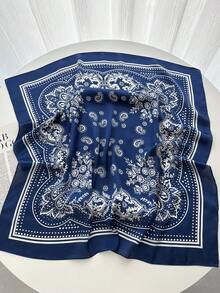1pc Paisley Print 27.6in Silk-Like Bandana Scarf, Versatile Neck Scarf, Headwrap, Decoration For Men - Navy Blue - View 2