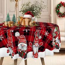 Weihnachtsthema Polyester Tischdecke, runder Durchmesser 145cm, rechteckig 140x180cm, Weihnachtstischdecke mit Weihnachtsmann Zwerg Muster, fröhliche Weihnachten Schriftzug Holzmaserung Hintergrund Design, geeignet für Feiertags-Restaurant, Heimdekoration und Jahresendfeier - Schwarz und Weiß - Übersicht 6