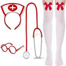 万圣节护士装四件套，包括头带、眼镜、听诊器和过膝袜，适合万圣节角色扮演派对 - 彩色 - 查看 2