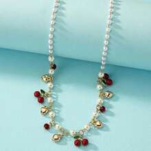 1 Strand Lady's Cherry Beads Heart Shape Charms Design Necklace, Elegant Personality Versatile Party Banquet Daily Wear Jewelry - 金色 - 查看 3