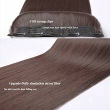 28 英寸长直发合成接发，隐形无缝蓬松夹式假发，女士适用，耐热纤维材质，可加热拉伸 - 彩色 - 查看 5