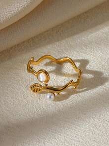 18K Gold Plated Stainless Steel Wave Leaf Zirconia Ring With Faux Pearl Decor, Fashion Green Jewelry For Women, Wedding, Holiday, Christmas Birthday Gift - Multicolor - View 7