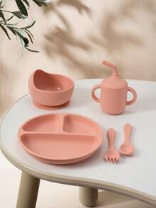 PopLittleOne 5 PIEZAS Conjunto de cubiertos de silicona para bebé, tazón con succión, plato, taza antiderrame, cuchara y tenedor blandos, vajilla para alimentación y entrenamiento de bebé antideslizante - Multicolor - Ver 17