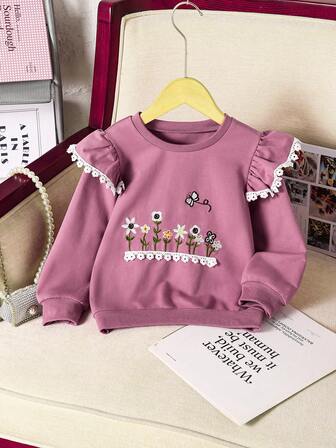 Young Girl Casual Sweet Floral Embroidery Hoodie Sweatshirt: Sweet Floral Embroidery Hoodie In Pink&Purple, Ruffled Lace Sleeves, Suitable For School, Weekends, And Transforms Girls Into Sweet Style, Autumn/Winter
