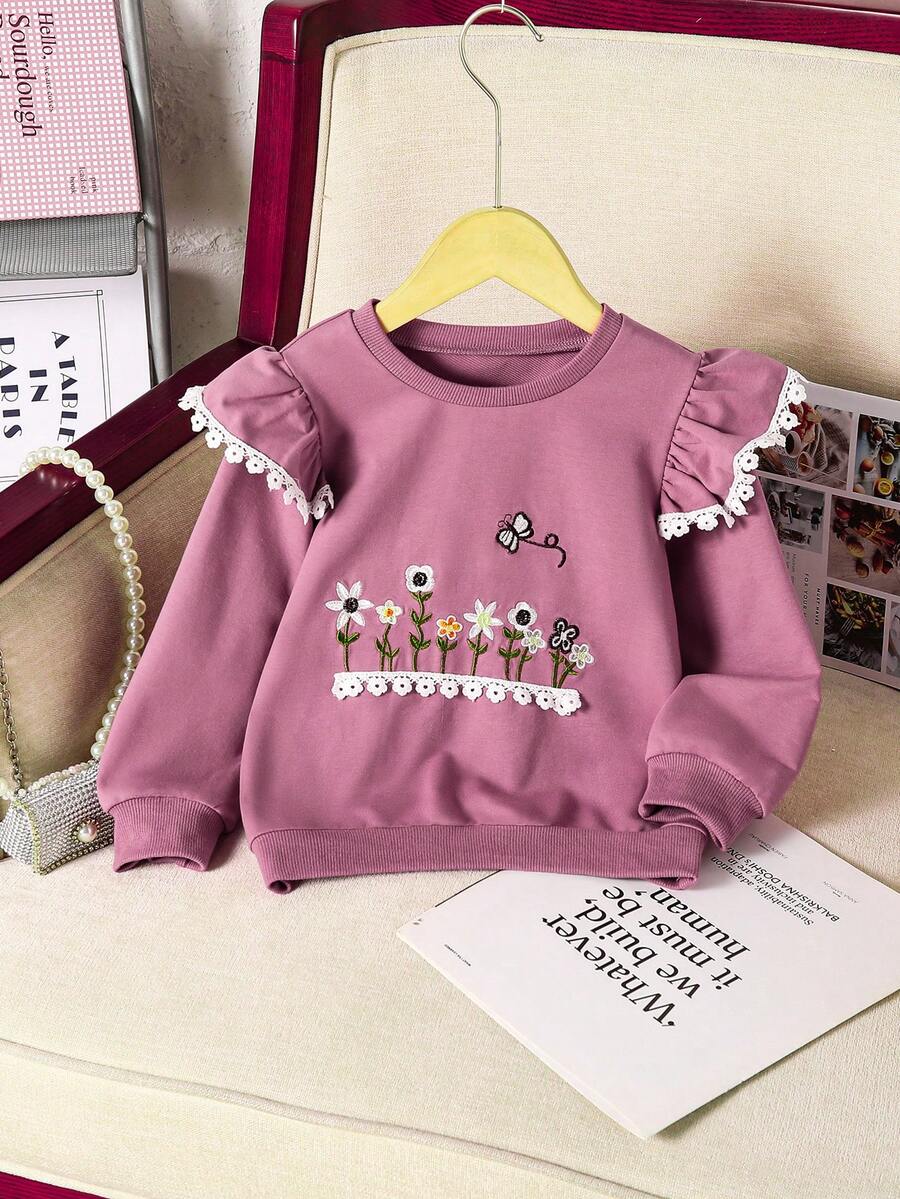 Young Girl Casual Sweet Floral Embroidery Sweatshirt: Sweet Floral Embroidery Sweatshirt In Pink&Purple, Ruffled Lace Sleeves, Suitable For School, Weekends, And Transforms Girls Into Sweet Style, Autumn/Winter - Red Violet - View 1