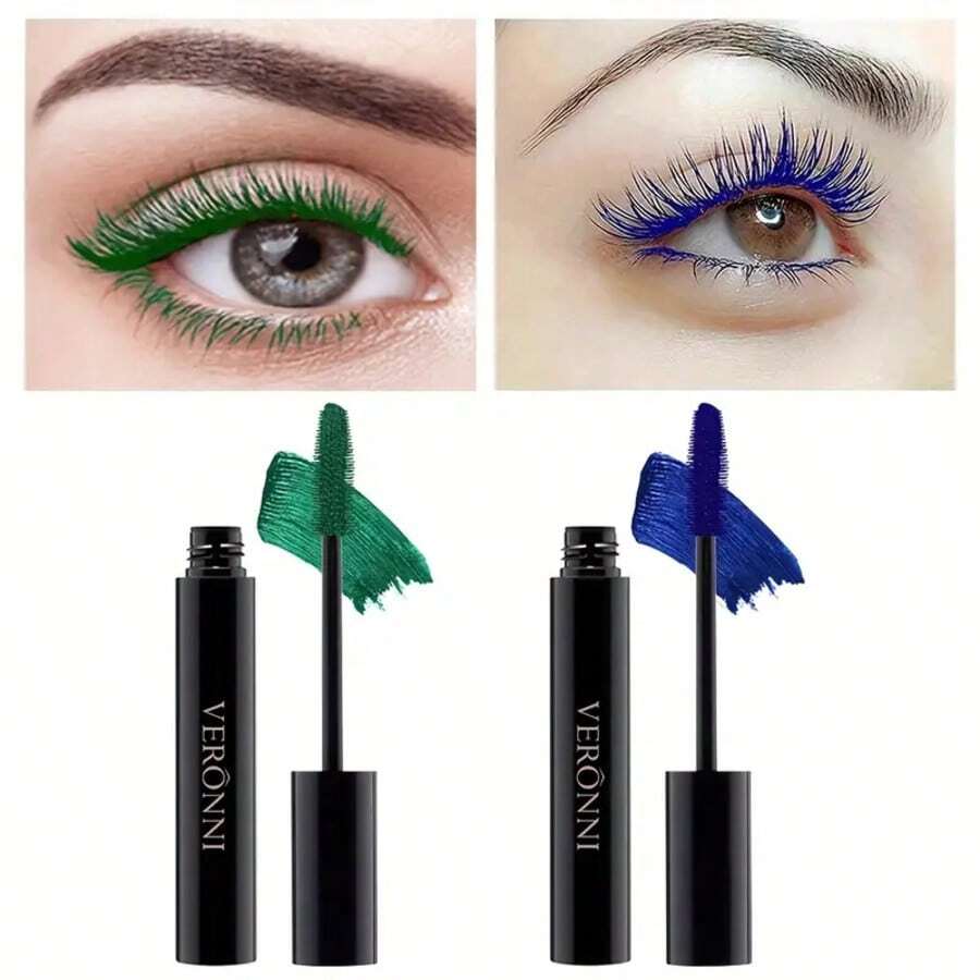 VERONNI 2-Pack Long-Lasting Waterproof Colored Mascara Set, Smudge-Proof, Curling Formula For All Light Beige Types, Blue And Green Shades, Lash Primer, Perfect For Festivals - 彩色 - 查看 1