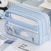 大容量铅笔盒 - 透明多层设计，便携式桌面收纳盒，柔软面料，多个隔层，适合办公室使用，耐用拉链。不含配件。适用于学校用品，返校