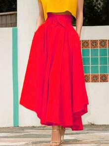 European And American Women's Fashion Solid Color Flared Waist Belt Skirt - Đỏ - Xem 2