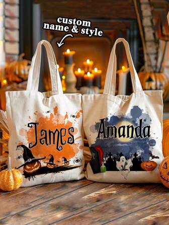 1pc Personalized Halloween Tote Bag Customized Pumpkin Witch Black Cat Castle Skeleton Ghost Canvas Tote Bag For Trick Or Treat Goodie Gift Bags.Made From Durable Canvas, This Cute Tote Bag Is Designed To Withstand Daily Wear And Tear, All-Purpose, Large Capacity, Versatile, Multifunction