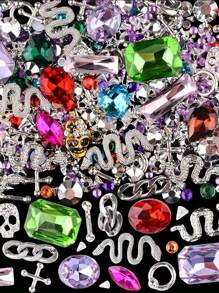 Kit Nail Art Punk Y2K 300 buc - Nituri conice negre, aurii și argintii cu cranii metalice 3D, cruci, șerpi și brelocuri vintage - Include pietre mari din sticlă pentru manichiură DIY