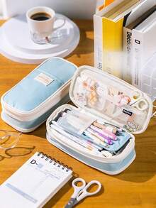 定制双层双开笔袋，多功能笔袋，简约纯色大容量，学校办公用拉链文具收纳袋和化妆袋，可爱铅笔袋，小学生文具袋返校