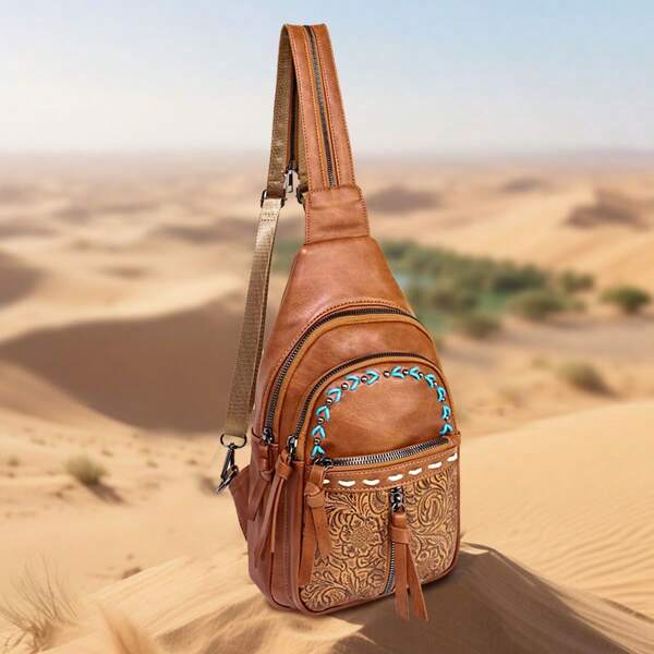 Bohemian Retro PU Leather Chest Bag, With Shoulder Straps That Can Be Extended For A Dual-Shoulder Design. It Has Leather Embossing And Multiple Pockets, Which Can Hold Mobile Phones And Cosmetics. It Is Very Suitable For Traveling, Outdoor Activities And Outings.