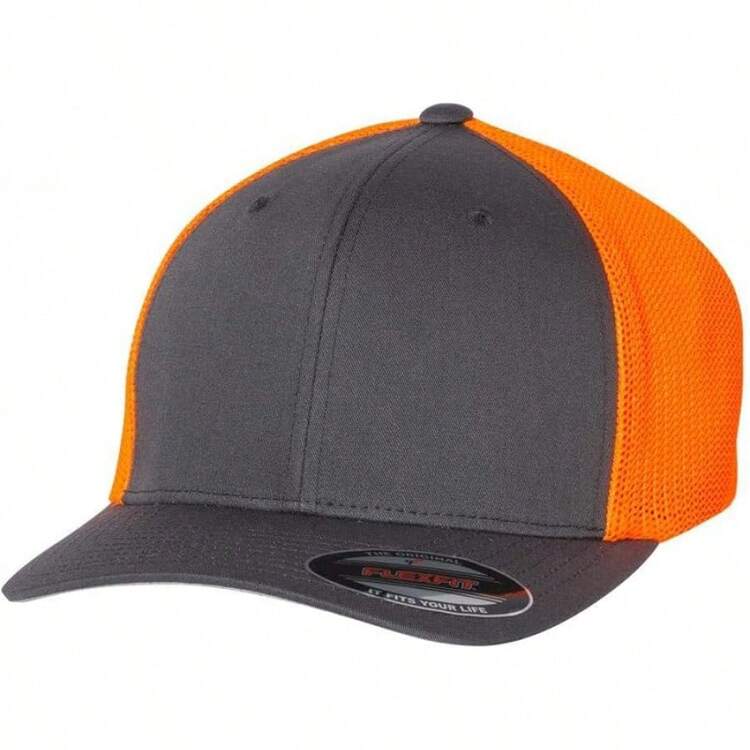 Tapa, Gorra de Malla Ajustada Flexfit Trucker - 2 tonos, Flexfit, Unisex adulto - Carbón, naranja neón - Añade 7