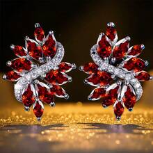 1 对优雅叶子设计方晶锆石耳钉，适合女士 - 奢华婚礼/派对/日常珠宝 - 闪亮配饰 - 紫色 - 查看 8