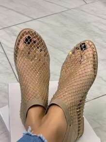 1 Pair Women's Rhinestone Fishnet Sandals - Super Comfortable Breathable Mesh Flat Shoes, Low Heel Lightweight Casual Summer Footwear - Gold - View 4