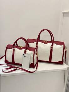 1pc Canvas Contrast Color Patchwork Fashion Duffle Bag,UnisexTravel Luggage,Suitable For Overnight Stay, Commuting,Short-Distance Travel(Small Size Fo R Commuting,Large Size For Short-Trip) Travel Essentials Holiday Vacation Luggage Suitcase Travel Bag For Women - Burgundy - View 4