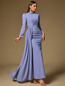 Elisanya Women's Solid Color Waist Pleated, Gathered Collar, Beaded Decor, Long Sleeve Maxi Elegant Dress