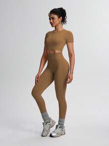 TCVC Women's Seamless Knit Solid Color Super Stretchy Sheer Resistant Sports Short Sleeve Top + Leggings 2 Piece Set, Crew Neck Tight Cropped Short Sleeve, High Waist Tummy Control Peach Butt Solid Color Skinny Leggings, Suitable For Running, Yoga, Gym, Outdoor, Casual & Leisure - Coffee Brown - View 3