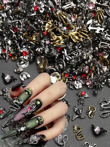 Mix 100pcs Halloween Nail Art Charms Set - 3D Alloy Skeleton, Spider, Rabbit & Cross Designs With Rhinestones For Diy Manicure Decorations - Multicolor - View 1