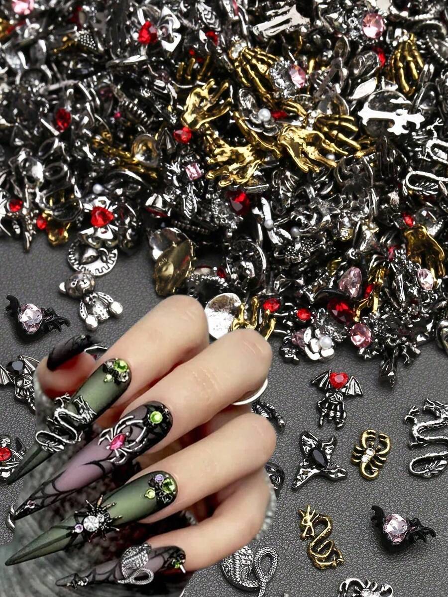 Mix 100pcs Halloween Nail Art Charms Set - 3D Alloy Skeleton, Spider, Rabbit & Cross Designs With Rhinestones For Diy Manicure Decorations - Multicolor - View 1