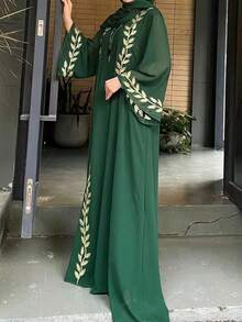 2-Piece Set Loose Fashion Street Chiffon Round Neck Heavy Embroidery Long Robe + Headscarf - Green - View 1