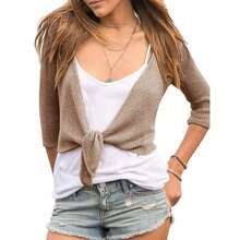 Women Tie Front Shrug 3/4 Sleeve Sheer Bolero Knotted Lightweight Cardigan For Women Tops Women Fall Outfits - 卡其色 - 查看 3