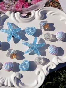 12pcs Cute (Blue Sequin Starfish, White Shell, Mushroom, Wave Heart) Shoe Clips, DIY Decorations, Suitable For Women's Sandals, Slippers, Beach Bags Multifunctional Shoe Clips - Perfect Gift For Holiday Parties And Special Occasions - Blue - View 4