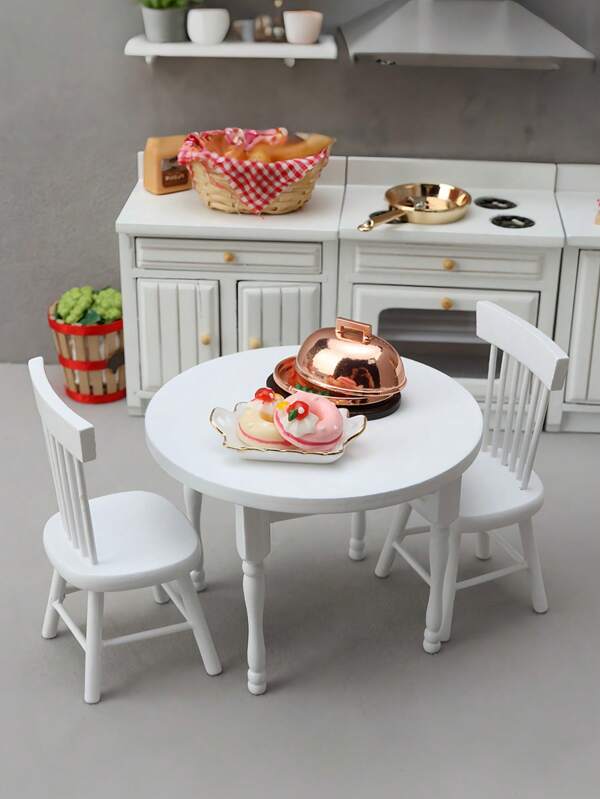 1:12 Dollhouse Mini White Dining Table Set, 1 Round Table & 2 Chairs Miniature Furniture Model, Bedroom Scene Decor, Vintage Dining Table, Desk Decoration, Dollhouse Accessory, Craft, Retro Home Decor Model, Holiday Gift, Birthday Gift, Christmas, Halloween, Add Color To Life.