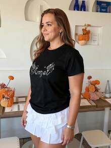 Love Joyy Plus Size Angel Rhinestone Graphic T-Shirt, Shiny Wing Pattern Top, Round Neck Short Sleeve Clothing, Suitable For Everyday Wear - Black - View 2