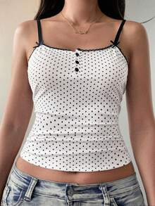 阳光少女风Y2K性感波点针织吊带背心，蝴蝶结纽扣设计，修身剪裁，女士夏季返校上衣 - 白色 - 查看 1