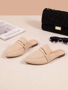 Women's Pointed Toe Flats - Gold Buckle Slip On Mules, Fashionable,Elegant Lightweight Loafers For Spring And Summer 2026, Minimalist Chic Office Shoes,Suitable As Gifts - 米色 - 查看 2