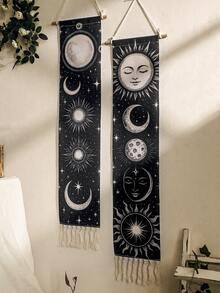 半幅手工编织流苏星空挂毯，波西米亚风格，日月星辰图案，黑色横幅，灵性占星装饰，唯美墙面艺术，适用于客厅、家居、卧室、房间、墙面、办公室、宿舍、冥想空间 - 彩色 - 查看 4