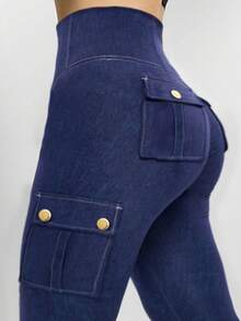 ChicMe Damen High-Waist Jeans mit Klapptaschen und Metallknöpfen, Slim Fit dehnbare Lässig Jogginghose, geeignet für Sport und Laufen - Blau - Übersicht 5