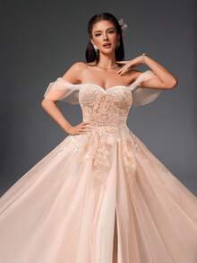VIPGIRL 粉色露肩薄纱贴花舞会礼服，甜心A字开衩正式晚礼服，女士公主舞会礼服，适合毕业典礼、庆典、婚礼宾客 - 淺粉色 - 查看 8