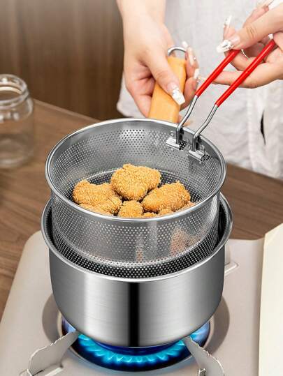 3 pièces Set de friteuse en acier inoxydable 304 avec filtre, friteuse ménagère multifonctionnelle avec couvercle, manche amovible, friteuse à brochette de frites - Friteuse en acier inoxydable 304, convient pour la friture de frites, de poulet frit, de lait bouilli, de nouilles bouillies, mini-cocotte économe en carburant - Ustensiles de cuisine essentiels - Sans électricité