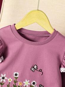 Young Girl Casual Sweet Floral Embroidery Sweatshirt: Sweet Floral Embroidery Sweatshirt In Pink&Purple, Ruffled Lace Sleeves, Suitable For School, Weekends, And Transforms Girls Into Sweet Style, Autumn/Winter - Red Violet - View 3