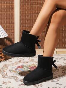 1 Par de Botas Curtas para Adolescentes, Botas de Neve Quentes para Meninas com Decoração de Laço, Tecido de Camurça com Forro Térmico, Bico Redondo e Salto Baixo, Botas de Neve Casuais e Quentes para Uso Diário no Inverno - Preto - Visão 1