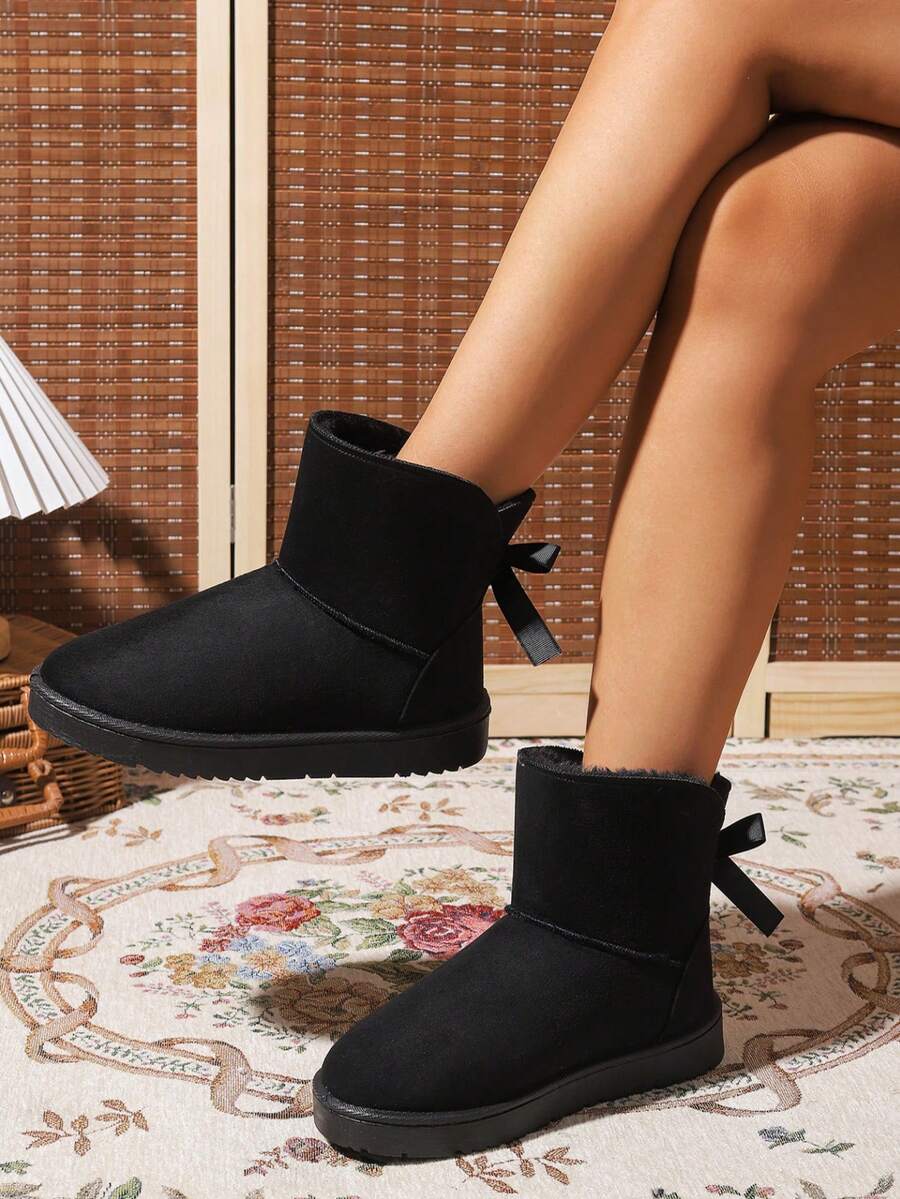 1 Par de Botas Curtas para Adolescentes, Botas de Neve Quentes para Meninas com Decoração de Laço, Tecido de Camurça com Forro Térmico, Bico Redondo e Salto Baixo, Botas de Neve Casuais e Quentes para Uso Diário no Inverno - Preto - Visão 1