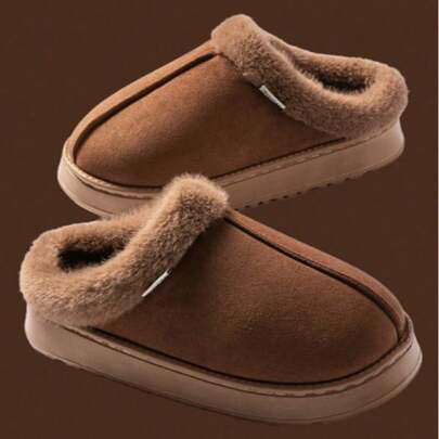 女士短靴蓬松咖啡色拖鞋，温暖舒适。内衬和鞋领采用柔软羊毛，加厚鞋底，防滑设计。男女通用，室内外均可穿着。