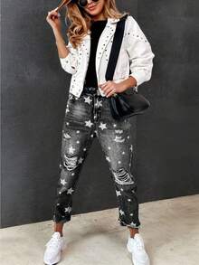 1 pieza Jeans de cintura alta ajustable con estampado de estrella desgastado y lavado, sin estiramiento, talla grande, para mujer, Jeans de mezclilla con estampado de estrella, nueva llegada 2025, moda, producto talla grande vendido