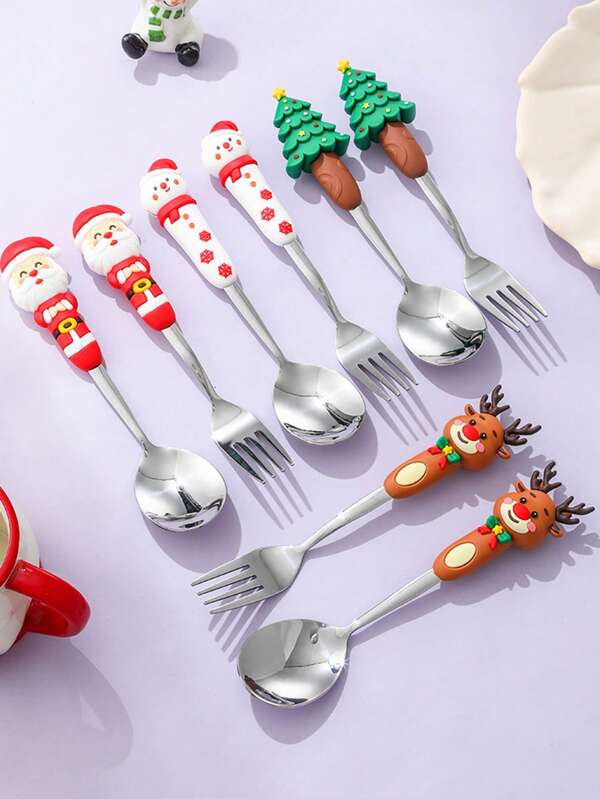 4/6/8/12 piezas Juego de cubiertos de acero inoxidable con temática navideña, que incluye cucharas de postre y tenedores de fruta con mangos con diseños de Papá Noel, árbol de Navidad, muñeco de nieve y reno, en color plateado, para realzar el ambiente navideño, adecuado para reuniones navideñas, comidas diarias y fiestas de cumpleaños