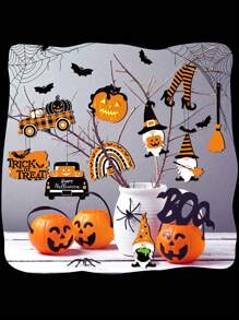 12pcs/Set Halloween Wooden Hanging Ornaments With String, Featuring Pumpkin, Witch Hat, High Heel Shoes And Vintage Car Designs, Rustic Hollow Wooden Decor, Suitable For Halloween, Thanksgiving, Indoor/Outdoor Home, Party Decoration, Porch And Tree Fall Decor Autumn Decor Home Decor Halloween Decor Room Decor