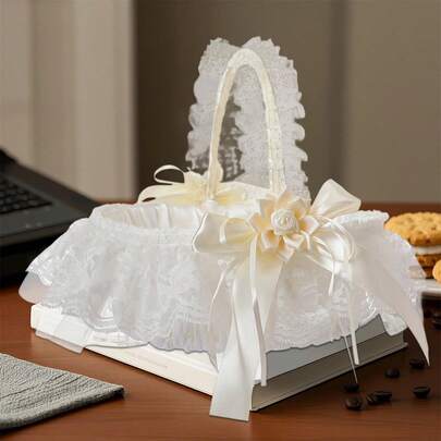 Flower Girl Hand Basket Artificial Floral Decor Lace Hamper Petal Storage White Wedding Basket