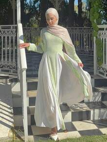 Elegant Women's Colorblock Ombre Dress, Soft Spring Long Sleeve Modest Gown - Green - View 4